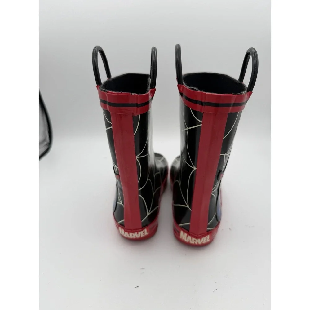 Marvel Spider-Man Kids Rain Boots Size 10 M Black Red Pull Handles.       1789